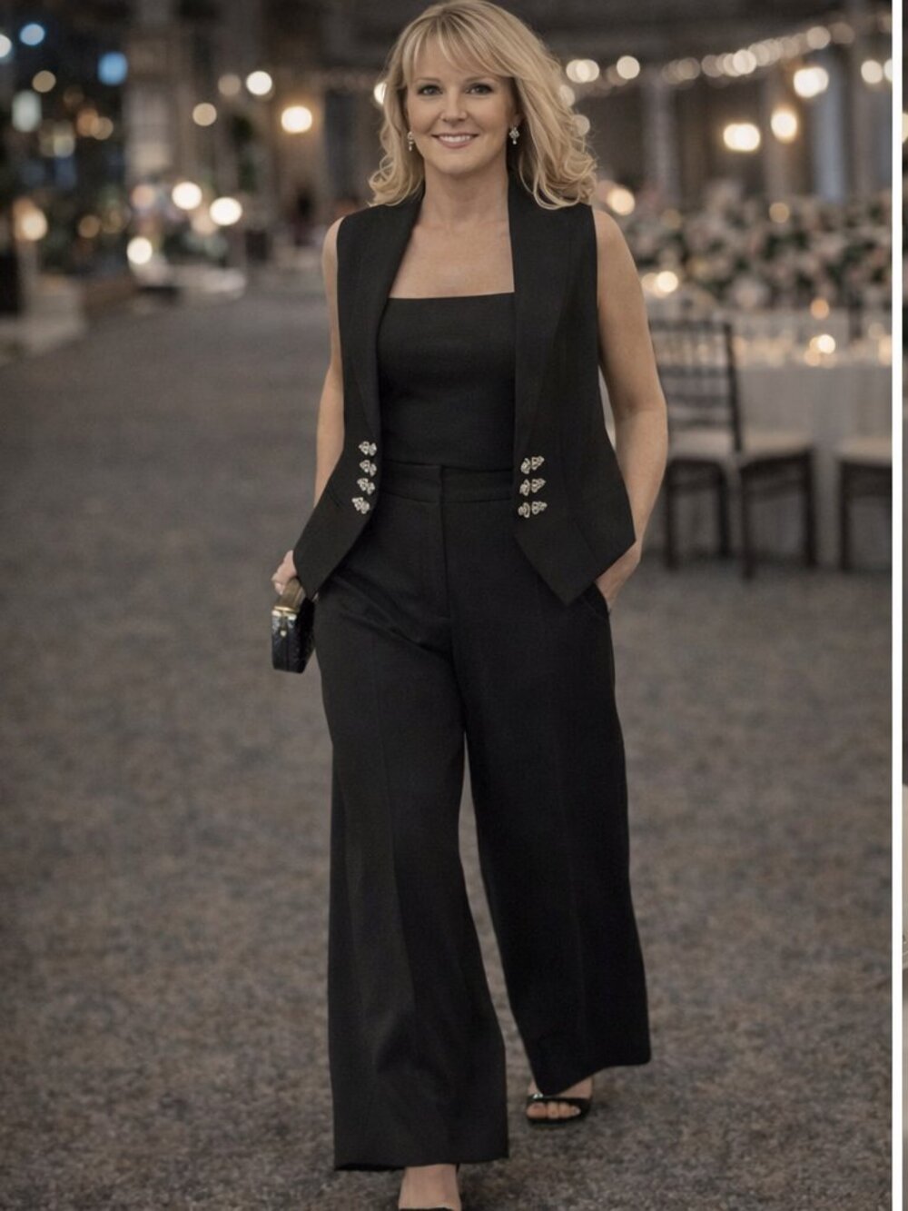 Embellished Black Vest & Wide Leg Pants Set – Statement Evening Look (Size 10)